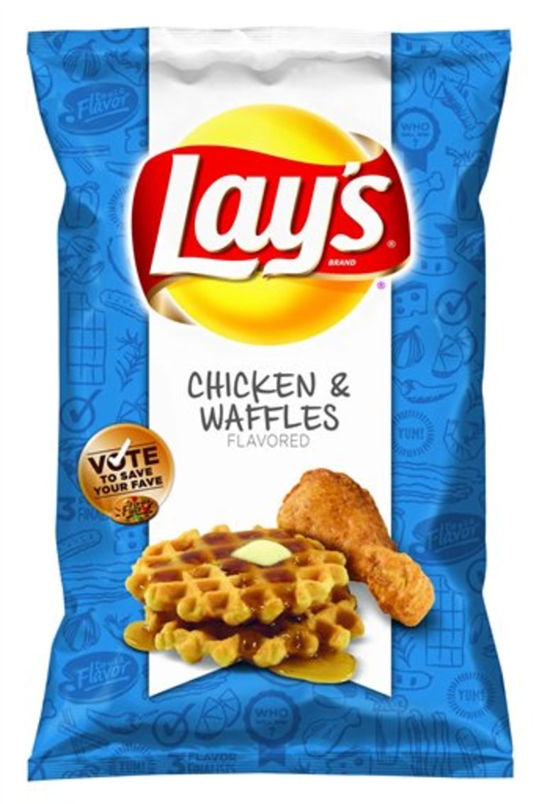 This product photo provided by Lay's shows a bag of their Chicken &amp; Waffles flavored potato chips. The new flavor, along with two others - Cheesy Garlic Bread and the Thai-inspired Sriracha - will be sold at retailers nationwide starting in mid-February 2013. After trying them, fans have until May to vote for their favorite. The flavor with the most votes in May will stay on store shelves. The other two will be discontinued. (AP Photo/Lay's)